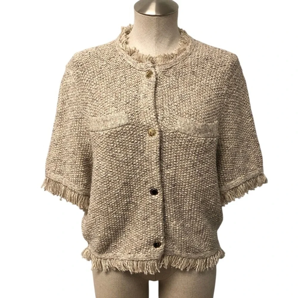 J.Crew Cardigan Sweater Womens XL Beige Fringed Tweed Lady Jacket Old Money